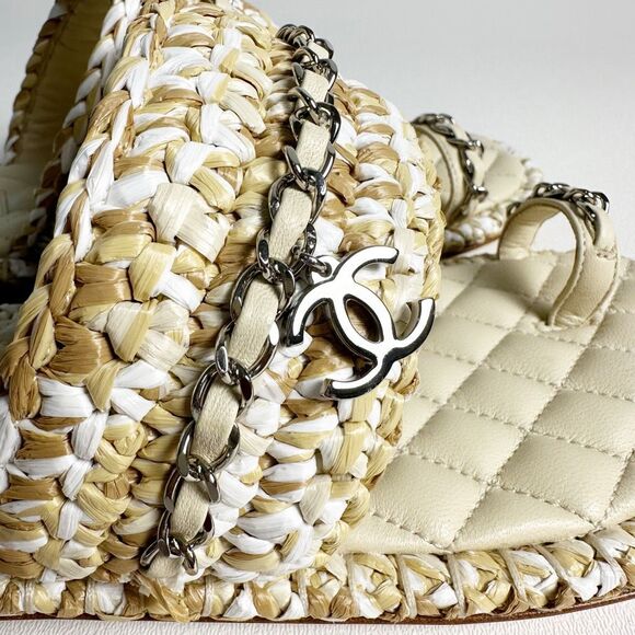 CHANEL Raffia Beige Leather Chain CC Logo Sandals Size 40 Open Toe Ring Slide - Picture 10 of 12